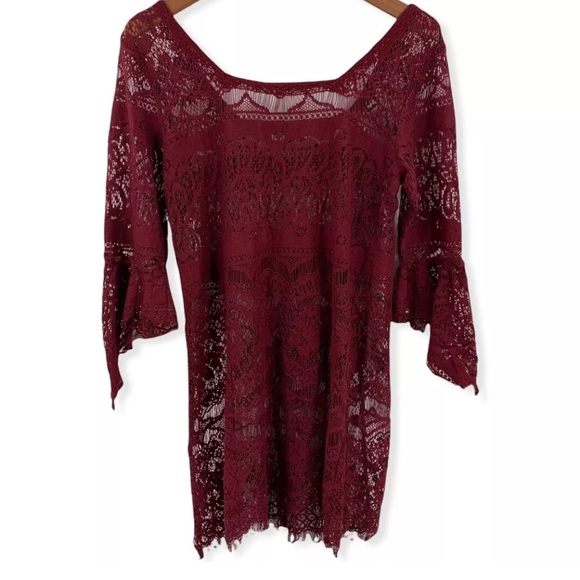 Free People Burgundy Lace Overlay Cotton Mini Dress - Extra Small - Picture 5 of 10
